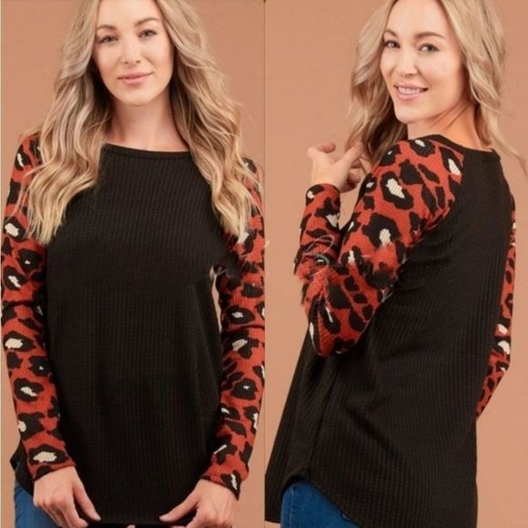 Lovely Rosetta Tops - Black Animal Print Thermal Top